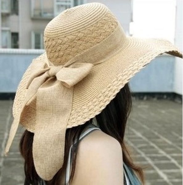 

wavy side big beach sunshade lady bowknot straw for travel straw hat butterfly hat foldable, Blue;gray