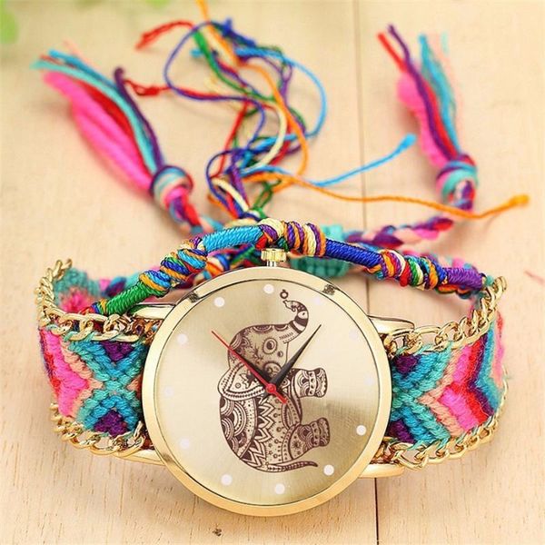 

dropshipping women handmade braided elephant friendship watch luxury fashion ladies rope quartz watches clock, Slivery;brown
