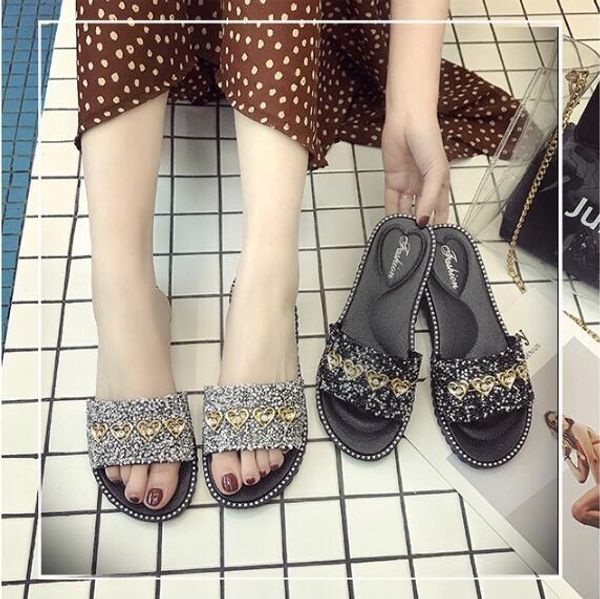 

new pop summer fashion ношение флэш дрель противоскольжения пляж вскользь прохладно тапочки обувь люкс женщина бесплатная доставка, Black