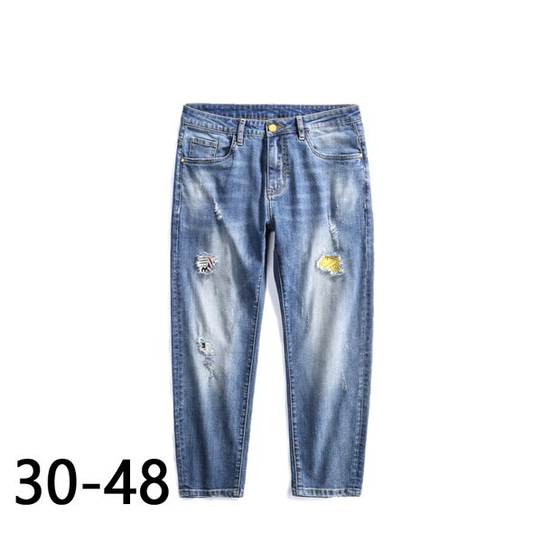 

men's jeans 30-48 summer thin big stretch light blue straight large size mid-rise hole fat trousers ankle pants
