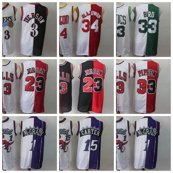 

men basketball split two colors jersey sale michael allen iverson larry bird hakeem olajuwon tracy mcgrady vince carter all stitched, Black;red