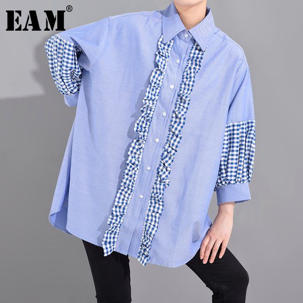 

eam] women blue plaid ruffles stitch big size blouse new lapel long sleeve loose fit shirt fashion spring autumn 2020 1u34005, White