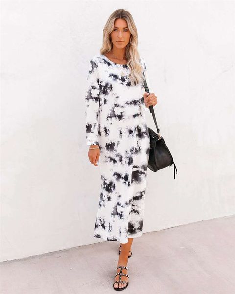 

women dresses fashion tie dye natural color dress casual long sleeve crew neck dresses women designer clothes, Black;gray
