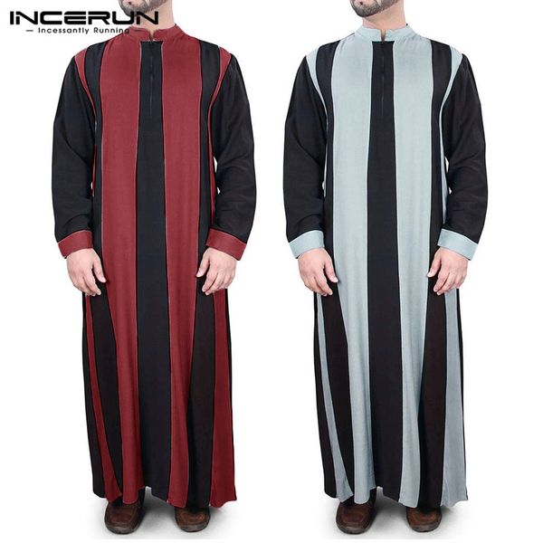 

ethnic clothing men muslim kaftan long sleeve stand collar striped color-block jubba thobe saudi arabia islamic robes fashion abaya incerun, Red
