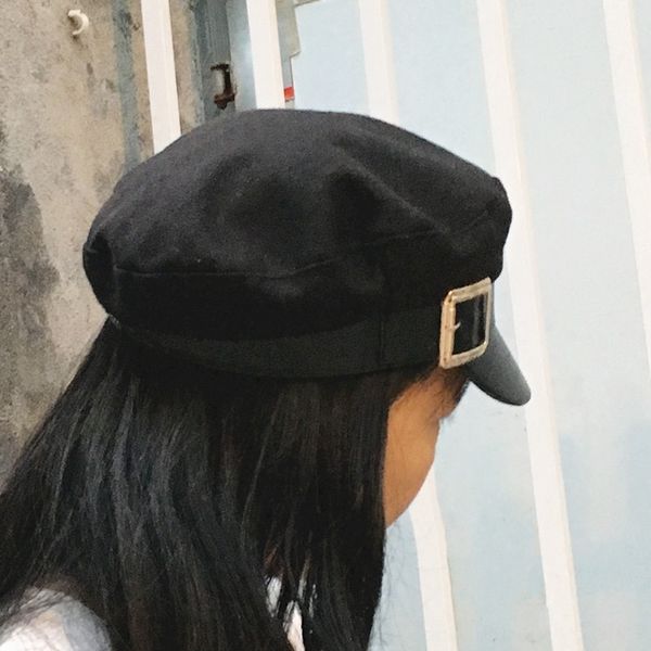 

korean beret octagonal metal buckle leather stitched woolen hat female temperament versatile flat duck tongue beret octagonal hat, Blue;gray