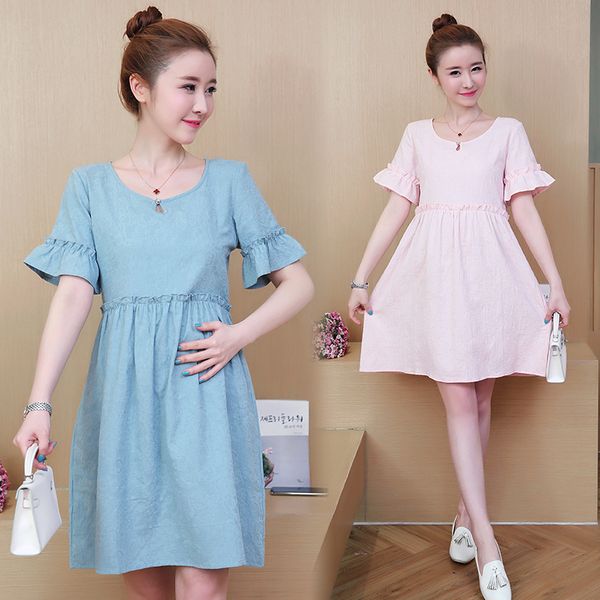 

8863# maternity clothes summer cotton short sleeve loose stylish o neck dress for pregnant women pregnancy clothes, White