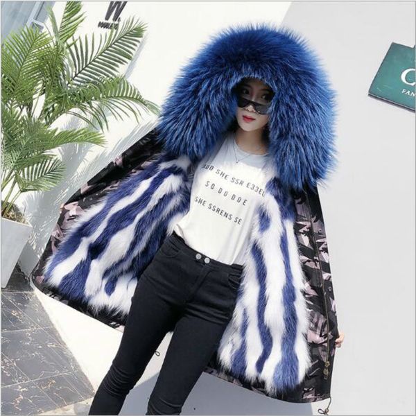 

2020 новый parka зимняя куртка женщин пальто natural real fox fur liner енота меховой воротник капюшон толстые верхняя одежда марка luxury s, Black