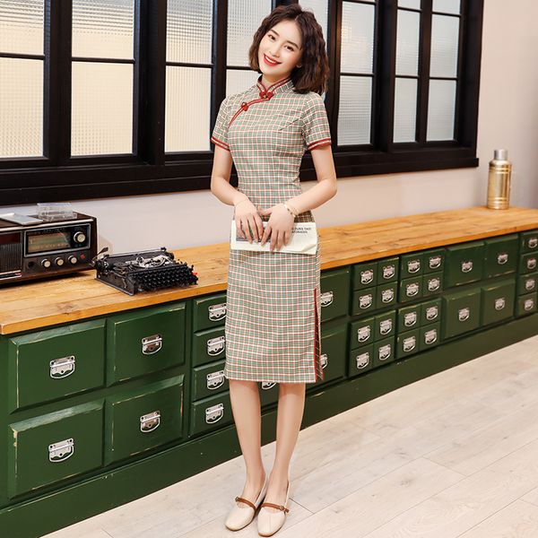 

new arrival knee-length cheongsam improvement daily ladies low split qipao cotton lattice chinese traditional dress, Red