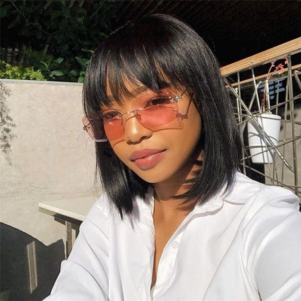

13*4 lace front wigs with air bangs brazilian remy human hair bob cut glueless short lace wig pre plucked baby hair fringe, Black