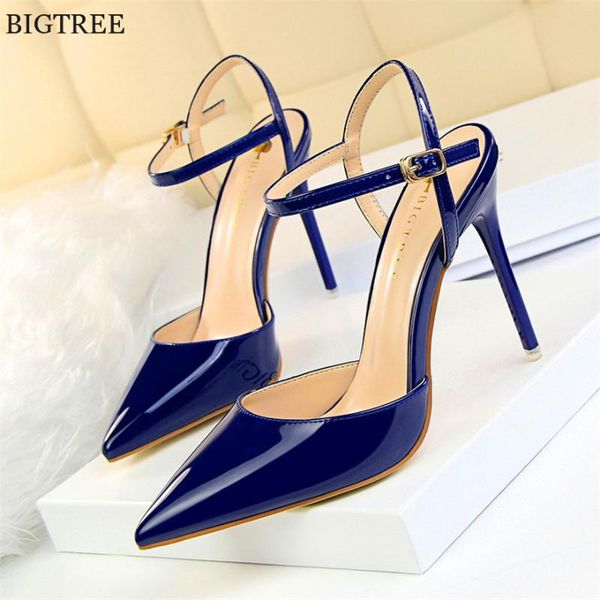 

2020 new concise patent leather shallow women sandals pointed toe fashion buckle high heels shoes women's dress shoes thin heels, Black
