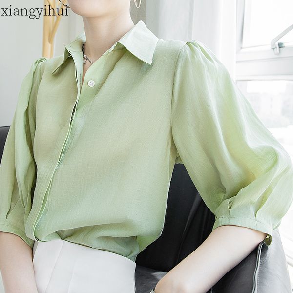 

breathable casual half sleeve ramie shirt blouse women work fashion white shirt turn-down collar loose ladies blusa