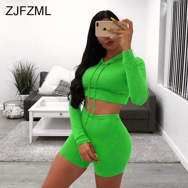 

fitness two piece set women's tracksuit hooded full sleeve bandage crop + bodycon shorts causal neon 2 pieces outfit, White