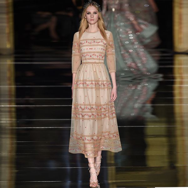 

casual dresses gedivoen fashion designerÂ spring autumn dress 3/4 sleeve mesh embroidery a line vintage midi vestidos 2021, Black;gray