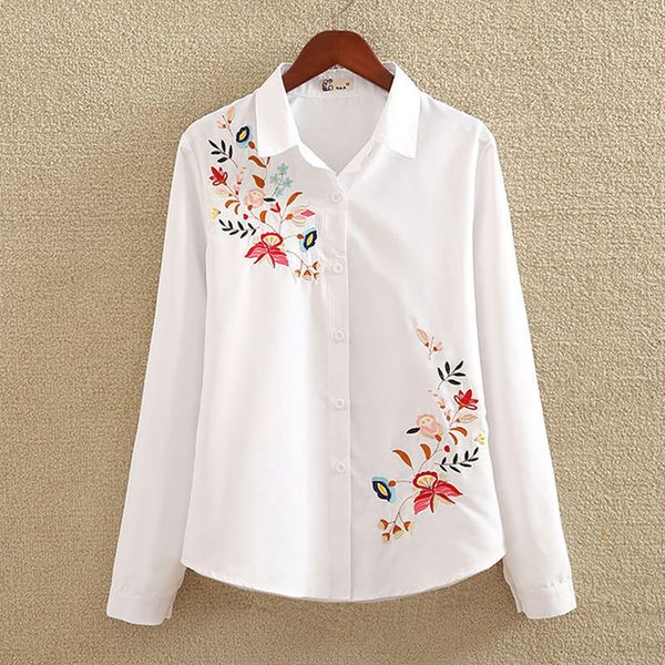 

long sleeve floral embroidery women blouse white elegant turn down collar office lady casual blouse 2020 spring new top