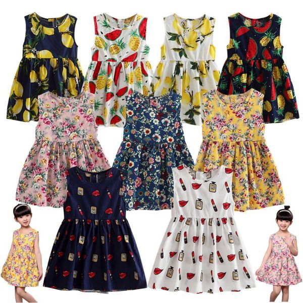 

children dresses kids girl sleeveless flower print cotton and linen floral dress baby girl spring summer dresses for girls, Red;yellow