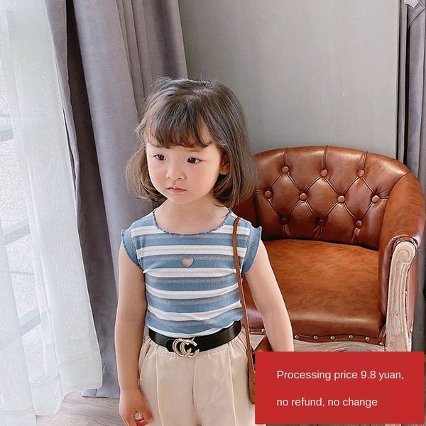 

78ccz girls love hollow-out striped 2020 summer children's korean style sleeveless girls love hollow-out striped vest vest 2020 summer, Blue