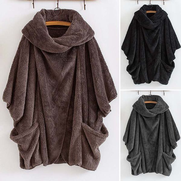 

plus size women's fluffy coats autumn outerwear zanzea 2020 vintage casual baggy poncho cardigans female solid button overcoats, Black;brown
