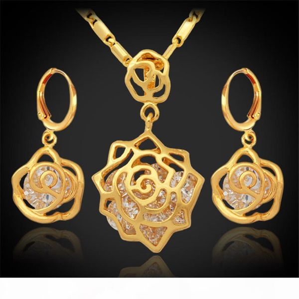 

vintage infinity elegant rose cubic zirconia designers pendant set 18k real gold plated fashion jewelry sets for women, Black