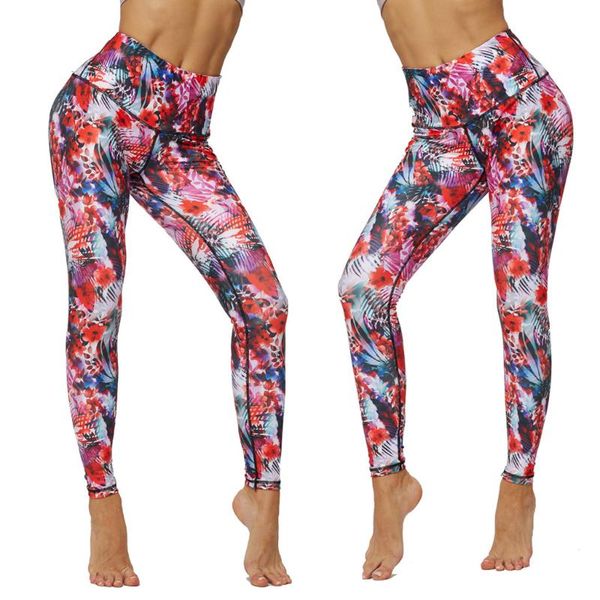 

leggings sports high waist fitness yoga pants floal printing with pocket fitness running trousers tummy control hips legging, White;red