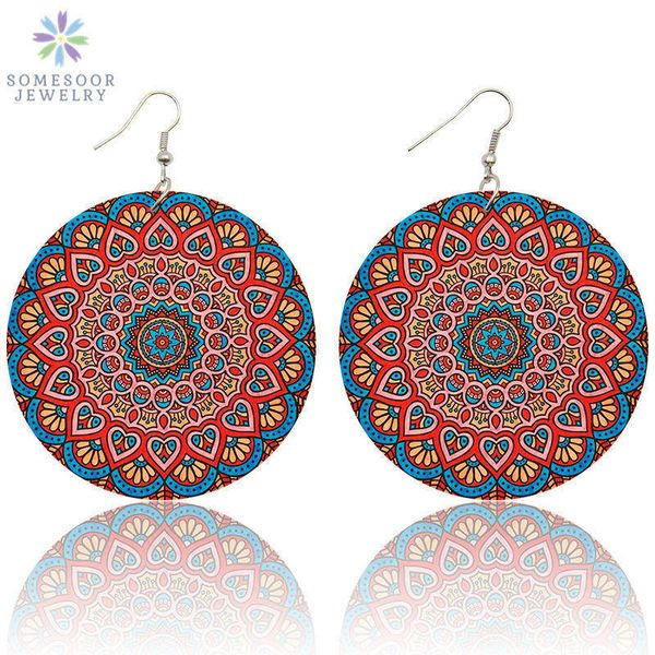 

somesoor painting bohemain natural wooden drop earrings african 2020 sunflower design afro ethnic pendant jewelry for women, Silver