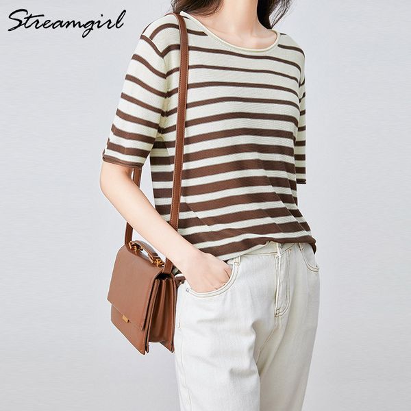 

women's striped shirt short sleeve cotton tshirt women summer office elegant loose striped t shirt women cotton linen knit, White