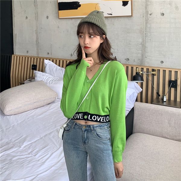 

korean style new sweater letter solid color long sleeve student short knit cardigan sweater women's lazy fashion all-match top, White;black