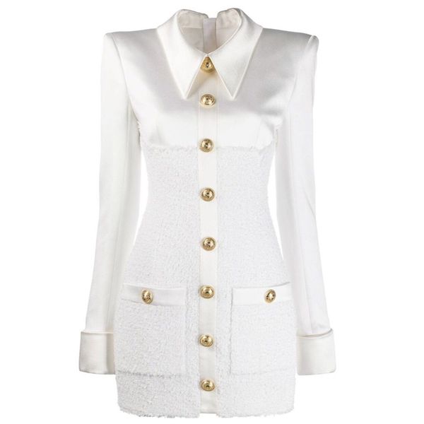 

high street 2020 new stylish designer dress women's long sleeve satin tweed patchwork lion buttons dress, Black;gray