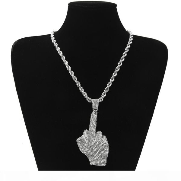 

s hip hop рэпер mens ожерелья 18k позолоченный средний палец жест подвеска с 6мм 30inch веревочки цепи полный горный хрусталь bling neckla, Silver