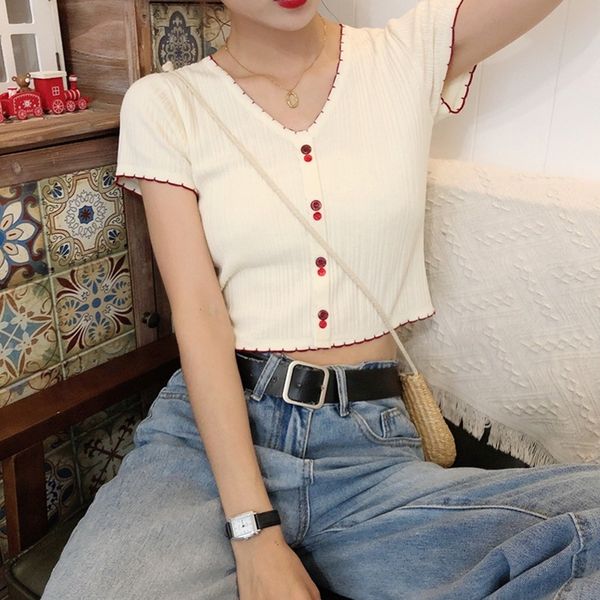 

q2got internet celebrity 2020 new v-neck short-sleeved ice silk knitwear slim fit short navel t-shirt open heart t-shirt women's niche, White