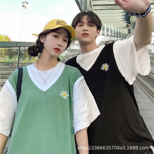 

women's 2020 new couple wear summer fake two-piece short-sleeved t-shirt t-shirt female student korean half-sleeved mid-length top, White