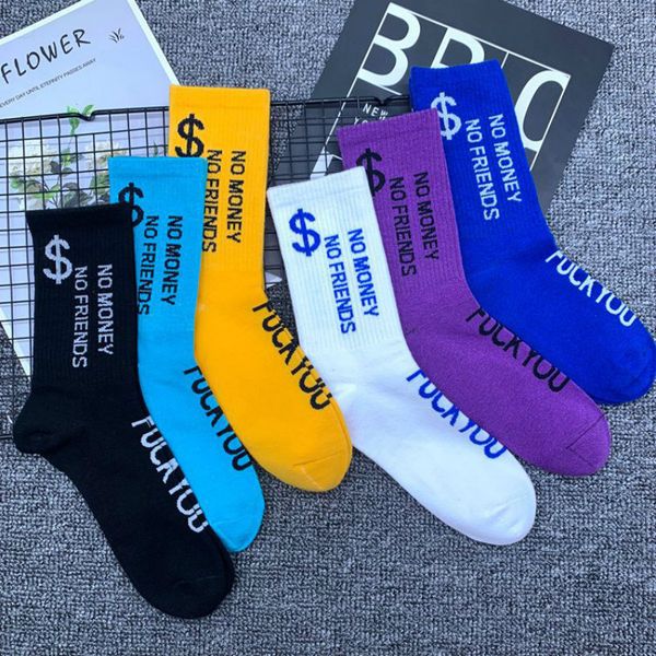 

men's socks 3 pairs personality dollar no money friends letter skateboard casual hip hop street harajuku cotton, Black