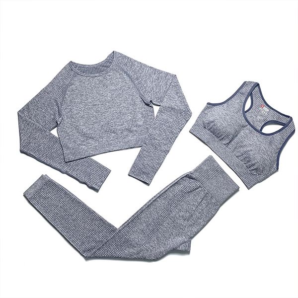 

мода осень дизайнер женщин хлопка йоги костюм с длинным рукавом sportwear фитнес спорт три шт комплект брюки бюстгальтер лосины бегун экипир, Gray