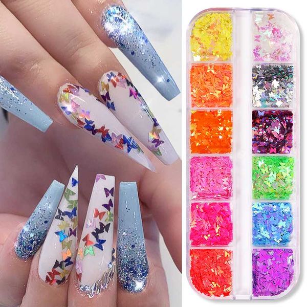 

1 box fluorescent nail sequins flakes holographics butterfly nail art 3d accessories uv gel polish spangles slice, Silver;gold