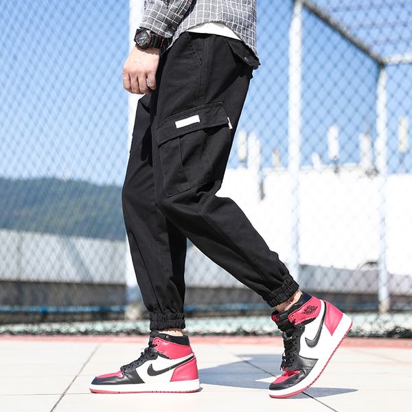 

fashion streetwear men jeans loose fit casual big pocket cargo pants hombre black green slack bottom hip hop joggers pants men, Blue