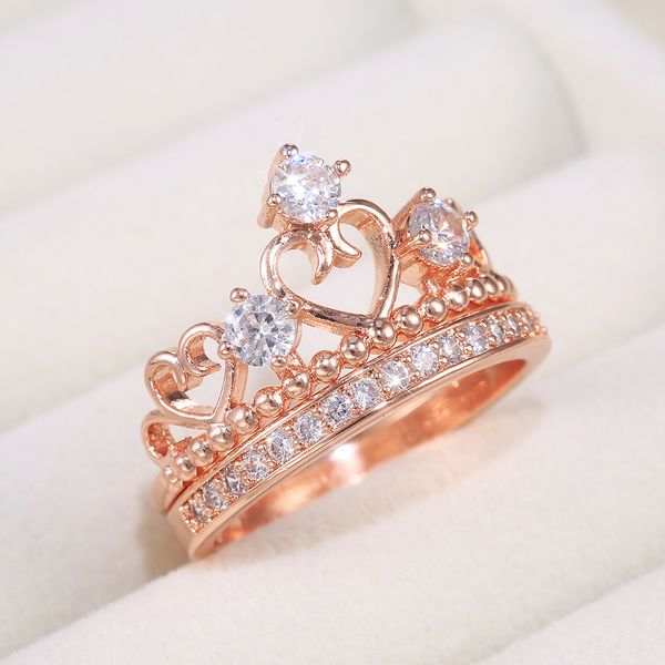 

2pcs/set heart crown women rings romantic rose gold color shiny crystal zircon stone fashion wedding ring jewelry, Silver