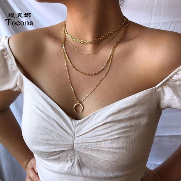 

bohemian gold moon pendant necklace for women gold alloy multi-layer chain chocker party jewelry gift wholesale 9519, Silver