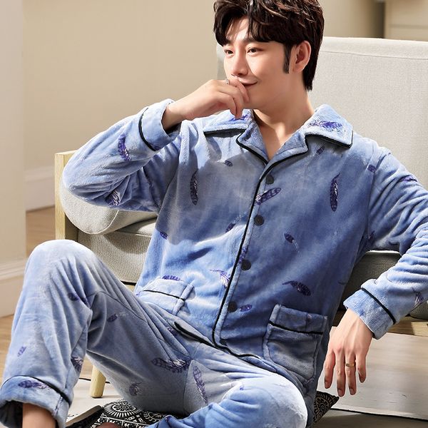 

men's sleepwear autumn and winter thick coral fleece pajamas cardigan large size youth flannel warm home service suit loose, Black;brown
