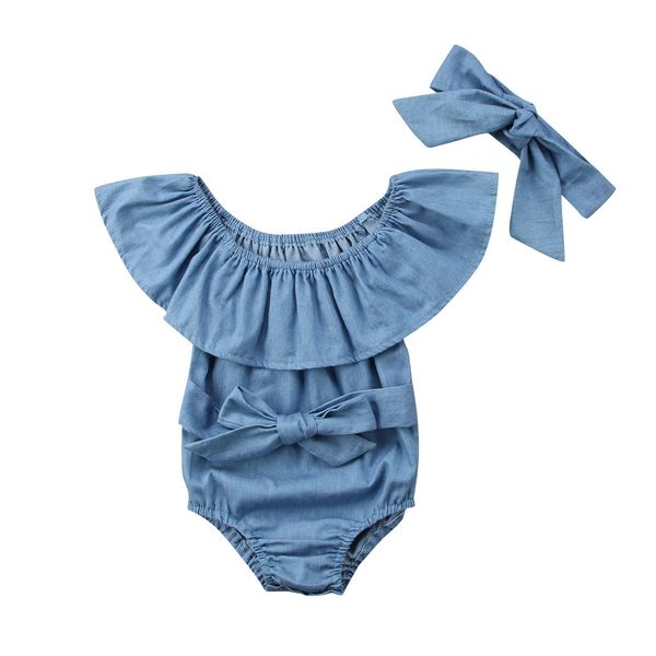 

2pcs newborn kids ruffles denim romper baby girls front bowknot jumpsuit outfits clothes t200721, Blue