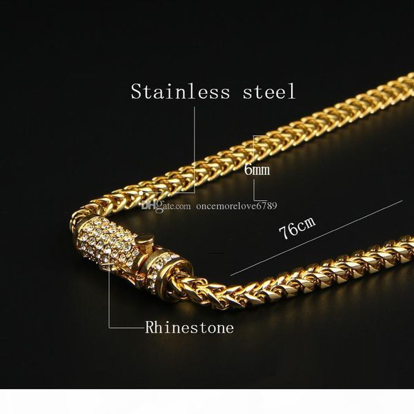 

30" mens hip hop ожерелье iced out 6мм золото из нержавеющей стали кубинский box звено цепи ожерелье rhinestone застежка, Silver