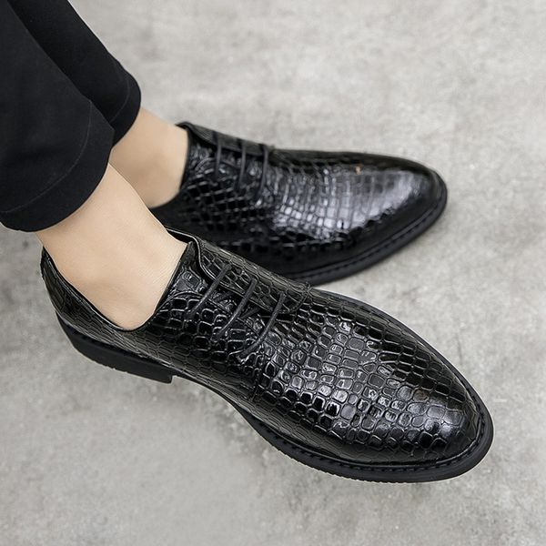 

men dress shoes genuine leather snakeskin pattern flat business casual shoes loafers male formal wedding zapatillas hombre, Black