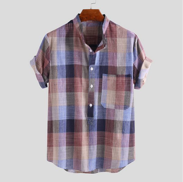 

Men's shirt Casual Fashion Plaid Print Beach Short Sleeve Tops Blouse Camisa Mandarin Collar Shirt Men Camisas Loose Male Shirt High Quality