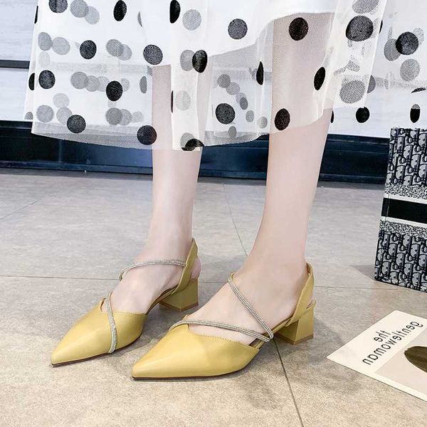 

sandals rhinestone block heels womens leather summer shoes woman pumps fashion dress women trend formal for, Black