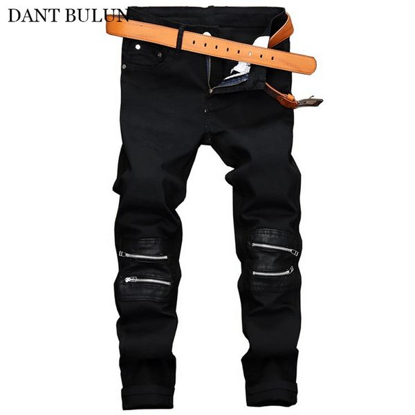 

hip hop men's jeans slim elastic denim pants knee fake zipper patchwork skinny black jeans for men homme pants casual trousers, Blue