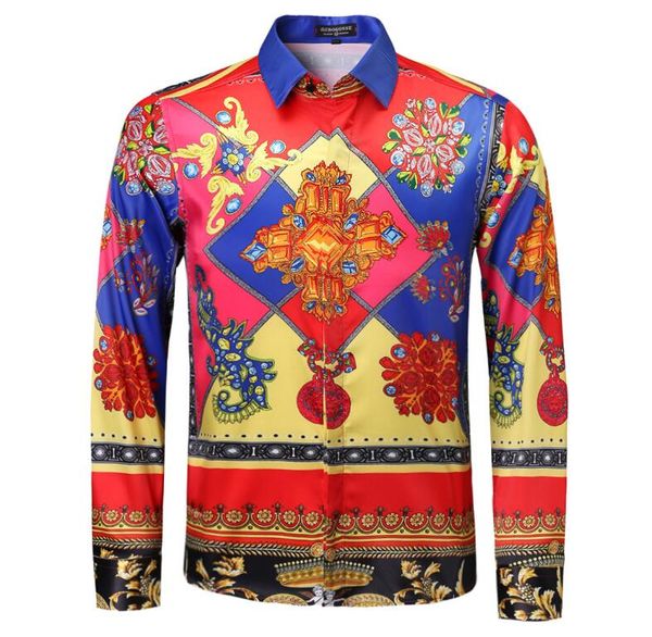 

brand new mens dress shirts fashion casual shirt men medusa shirts gold floral print slim fit shirts men #03, White;black