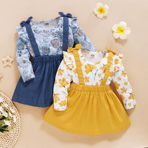 

toddler baby girls set infant kids floral print long sleeve t shirt + suspender skirt outfits set kids girls clothes, White