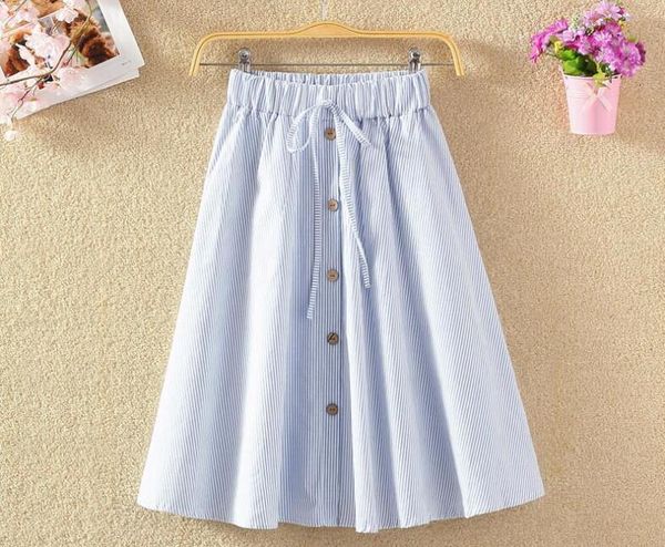 

cotton linen pink striped skirts women 2020 summer a line high waist knee length female school girls skirt casual fashion, Black