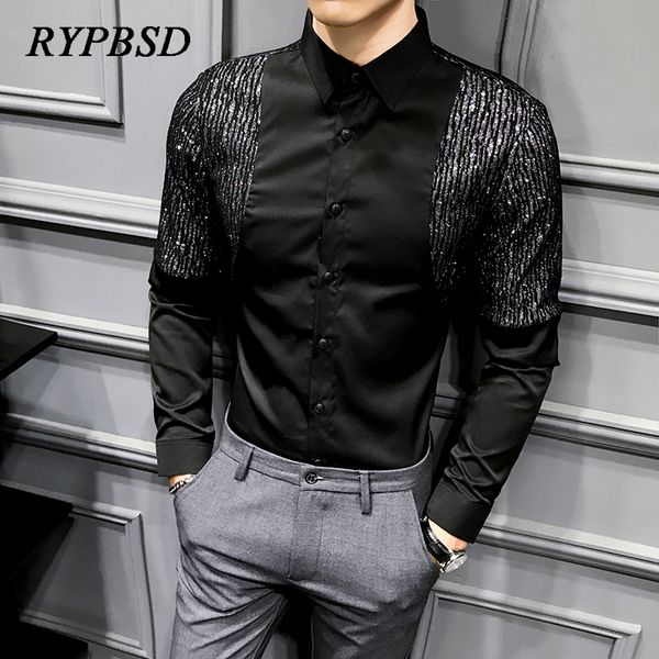 

luxury casual men shirt long sleeve 2020 autumn sequin black slim fit print party tuxedo shirt streetwear social dress, White;black