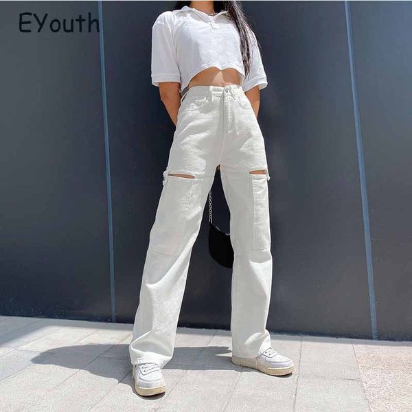 

women's jeans streetwear white women high waist pants 2021 summer hollow out patchwork straight casual fashion, Blue