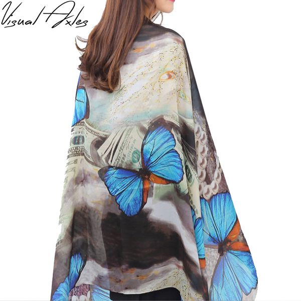 

visual axles] big butterfly silk scarf brand women fashion elegant animal wing soft pure silk scarves summer beach shawl, Blue;gray
