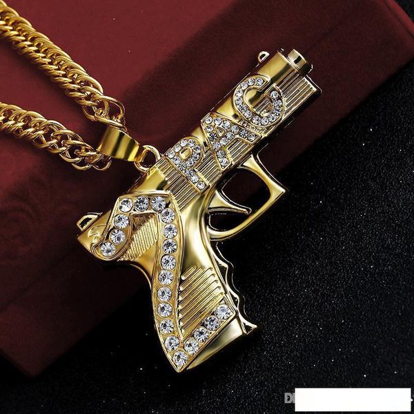 

fashion hip hop iced out pendant necklace jewelry gold chain gun shape pistol pendant necklace for men, Silver